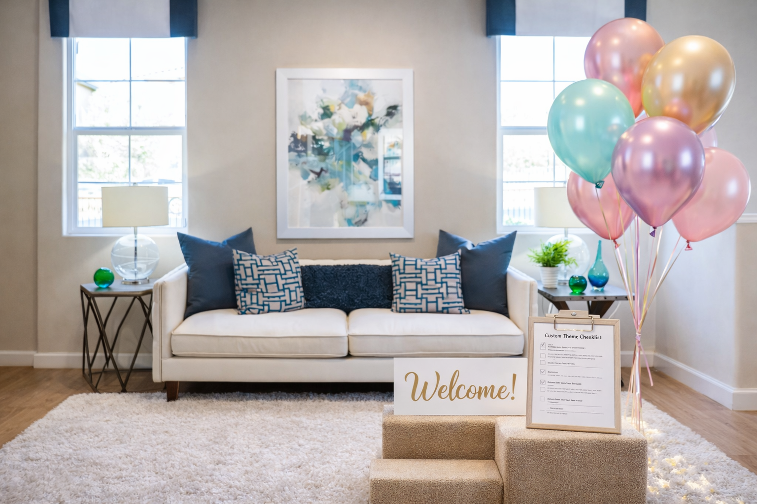 Styled event welcome setup with pastel balloons, welcome sign, and custom theme checklist