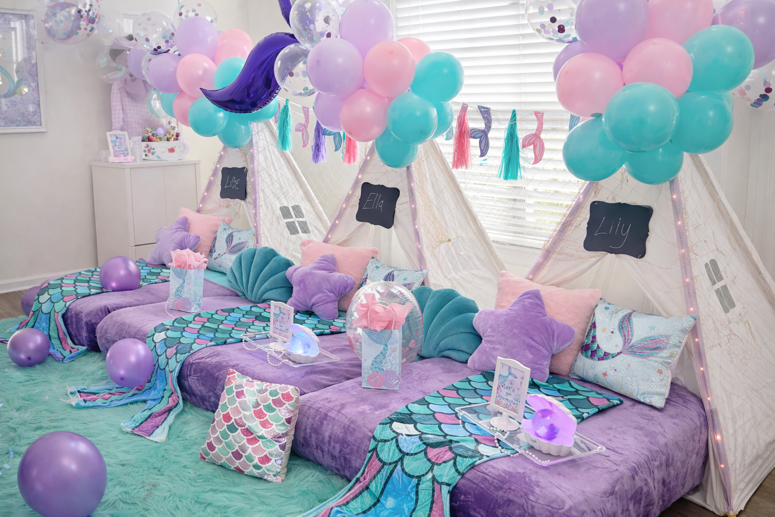Mermaid themed slumber party scene