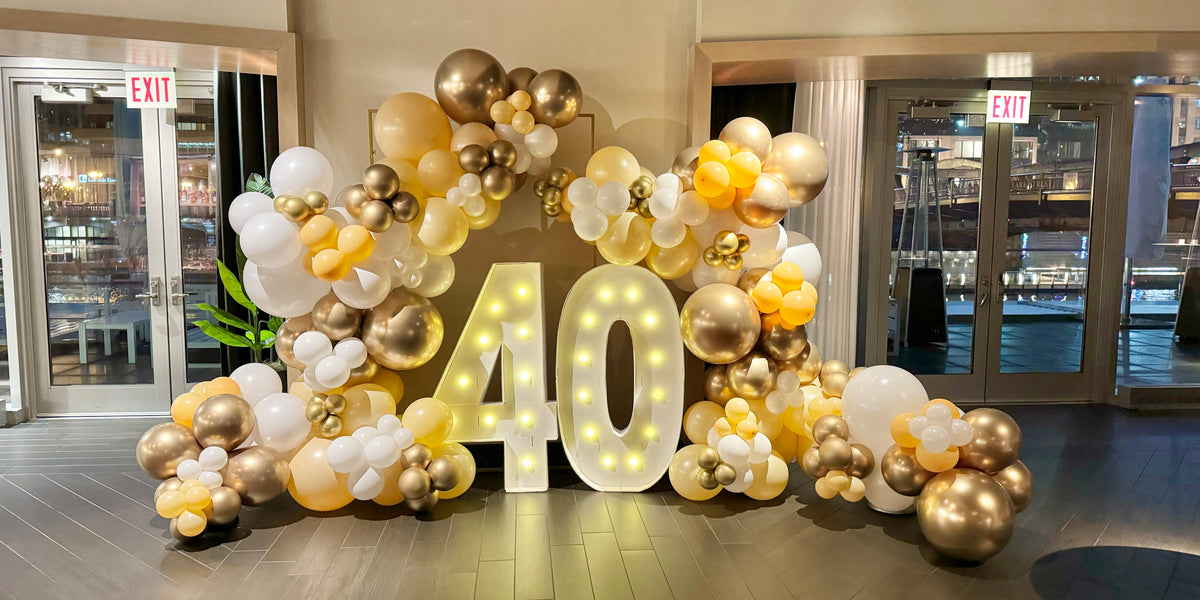 40th birthday balloon garland backdrop with illuminated marquee numbers