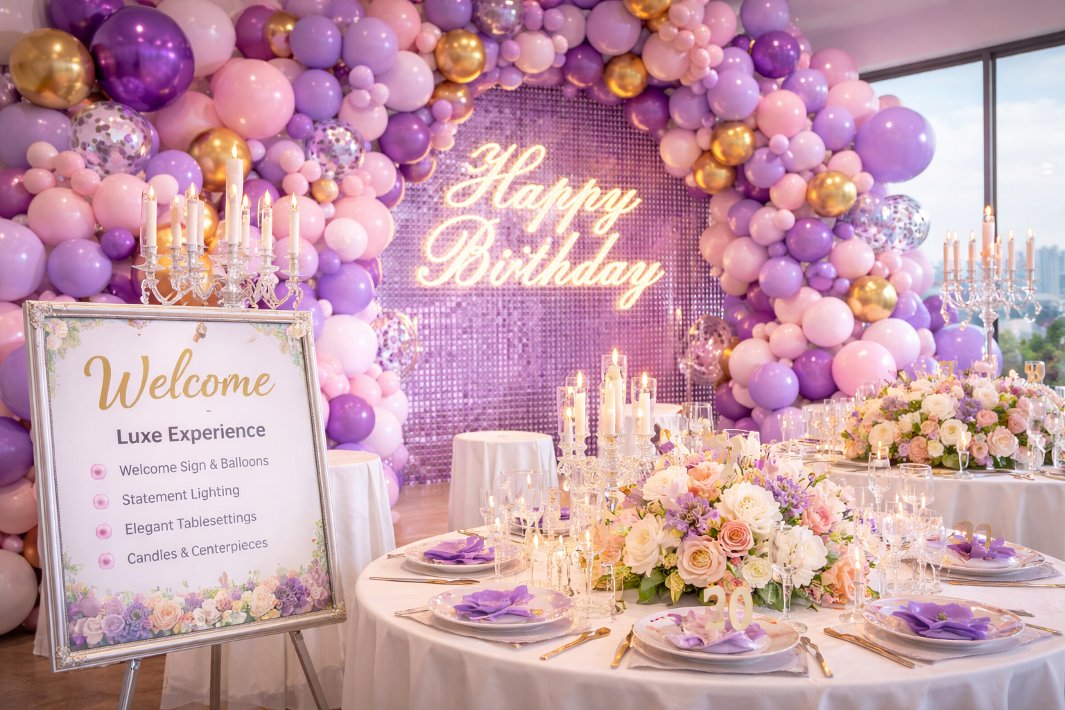 Luxury tablescape with candles, florals, and matching balloons background