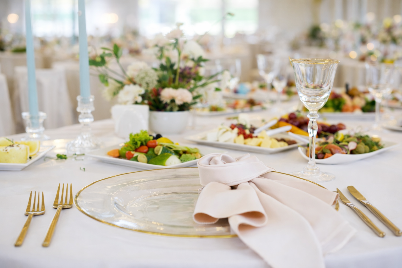 Elegant table linens and minimal centerpieces
